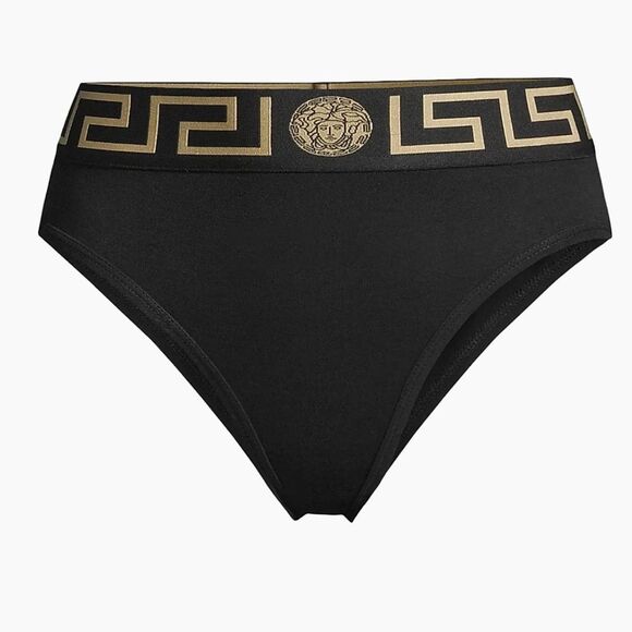 NWT XS Versace Black Greca High-Rise Briefs Panties Cotton - Size: 1 (X-Small) - Picture 12 of 13